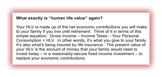 What exactly is “human life value” again?  Your HLV is made up of the net economic contributions you will make to your family if you live until retirement.  Think of it in terms of this simple equation:  Gross Income – Income Taxes – Your Personal Consumption = HLV.  In other words, it’s what you give to your family. It’s also what’s being insured by life insurance.  The present value of your HLV is the amount of money that your family would need to invest today – in a reasonably-secure fixed income investment – to replace your economic contributions.