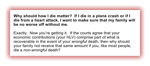 Why should how I die matter?  If I die in a plane crash or if I die from a heart attack, I want to make sure that my family will be no worse off without me.  Exactly.  Now you’re getting it.  If the courts agree that your economic contributions (your HLV) comprise part of what is recoverable in the event of your wrongful death, then why should your family not receive that same amount if you, like most people, die a non-wrongful death?